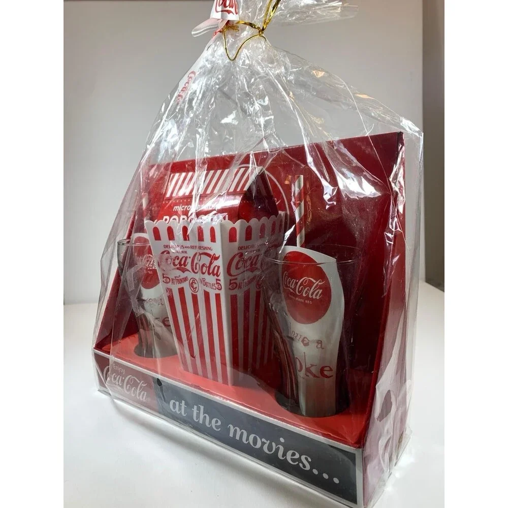 Coca-Cola At The Movies Gift Set Glass Glasses Cups Microwave Popcorn Vintage